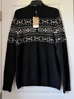 New Men's Thomas Sterling Black Fair Isle Half-Zip Sweater